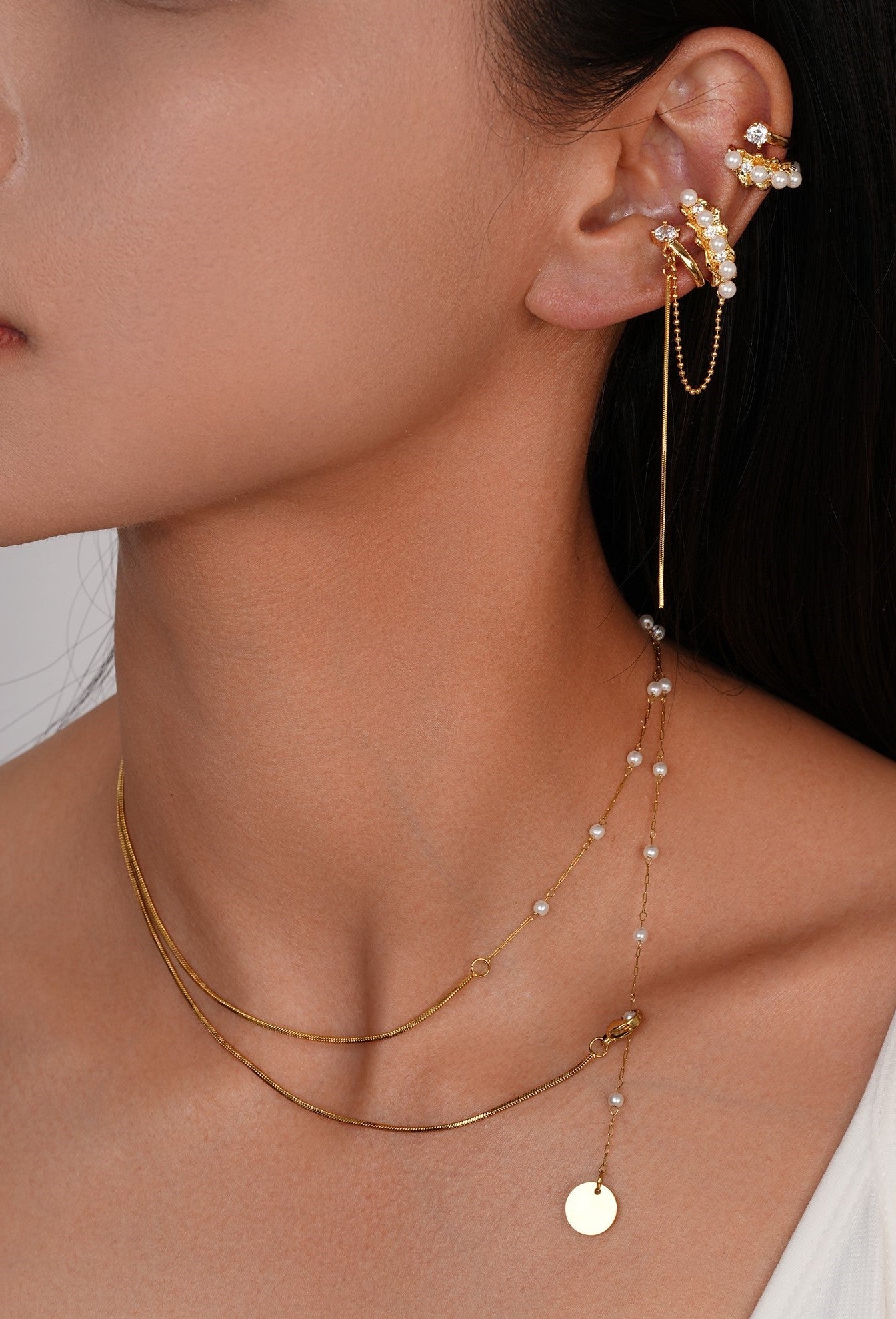 24K Gold Pearl Chain Ear Cuff